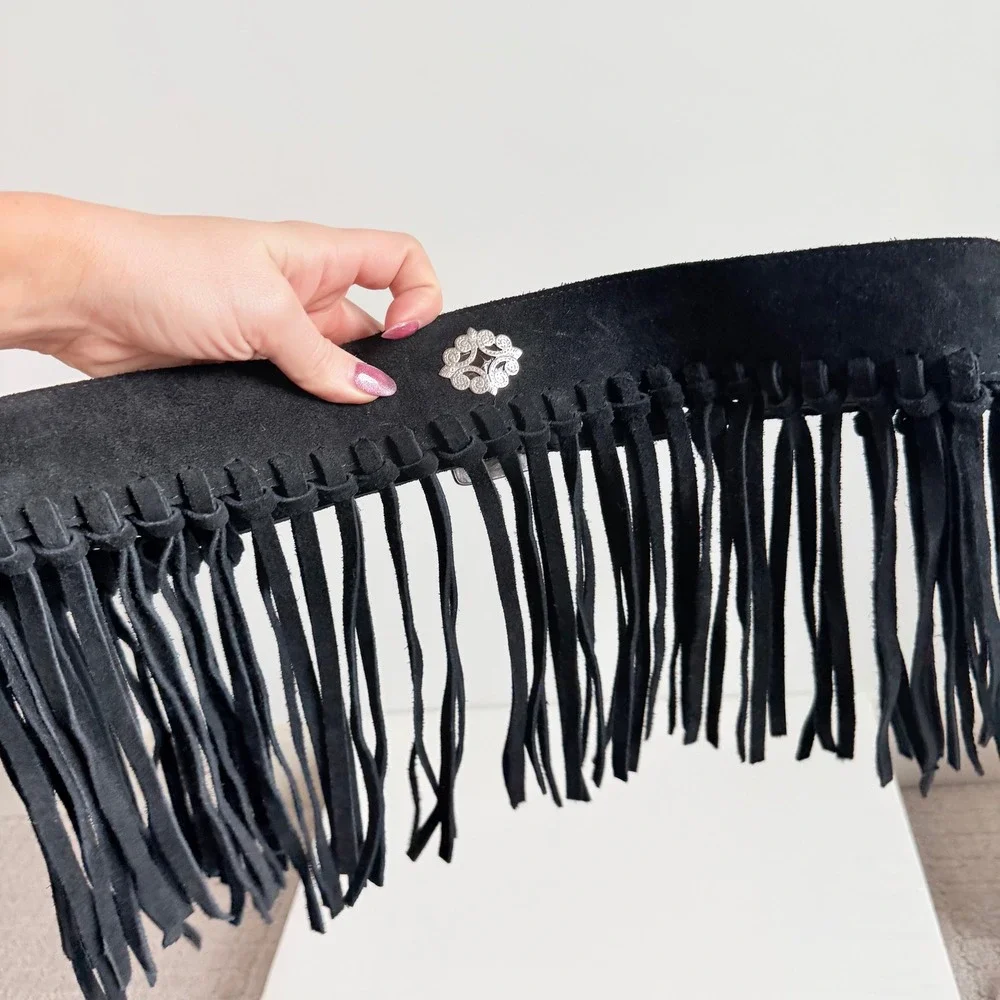 Vintage Et Vous Genuine Leather Suede Fringe Belt with Silver‎ Details